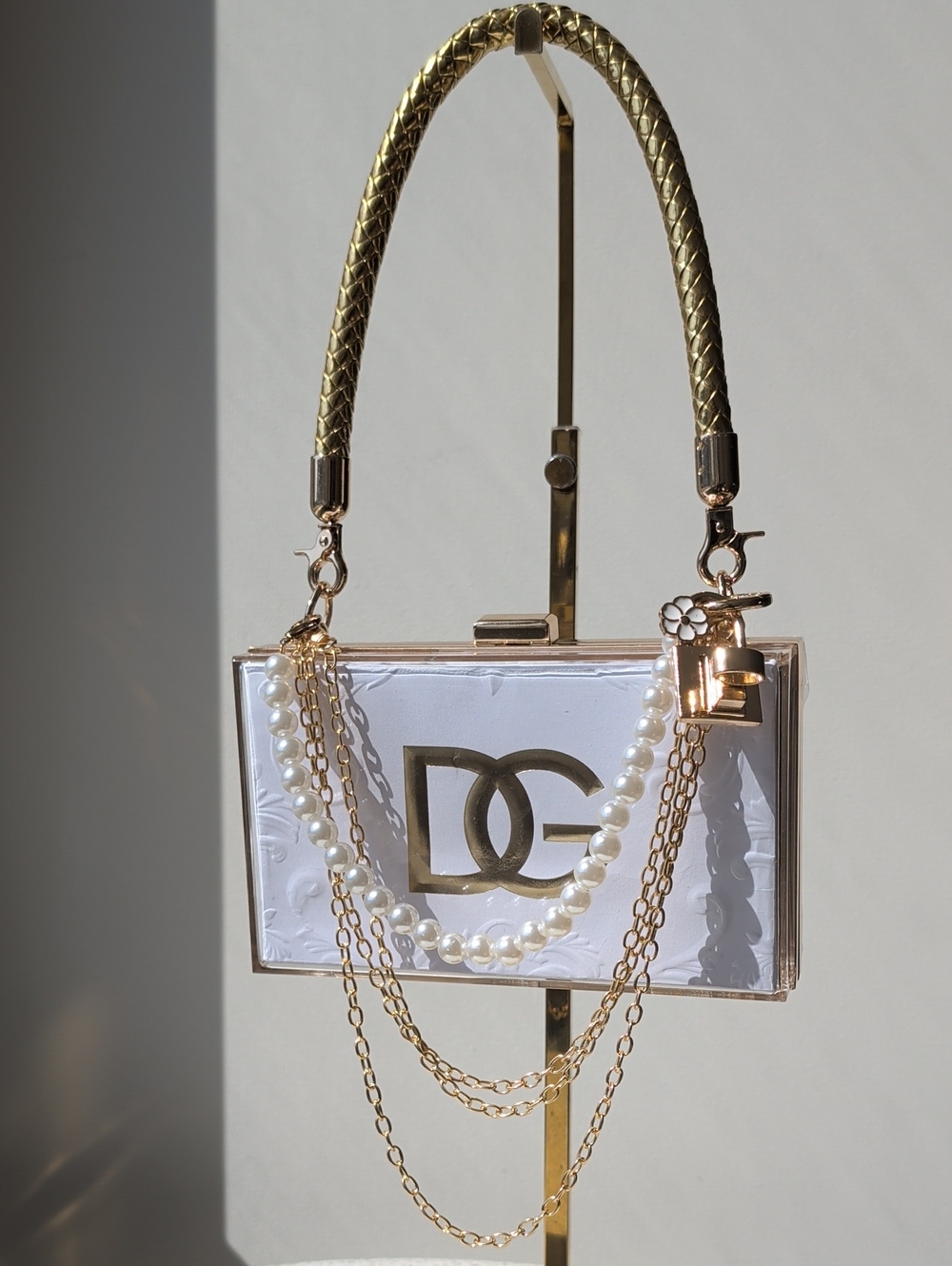 Upcycled DG Acrylic Box Bag with Gold Accents